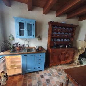 a kitchen with blue cabinets and a sink at Die Kleine Auszeit in Wadern