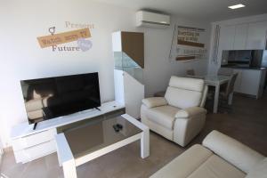 sala de estar con TV de pantalla plana y sofá en Loft Lyon (Playa San Juan), en Alicante