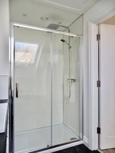una ducha con puerta de cristal en un baño en The Kite, Upper Torrs View, en Ilfracombe 31 fotos más