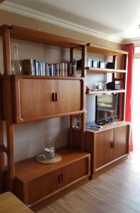 sala de estar con estanterías de madera y TV en Karl-Theo-Am-Wald, en Westerland