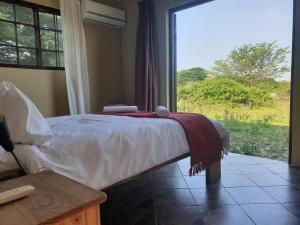 a bedroom with a bed and a large window at Pumusa Bushcamp in Hluhluwe