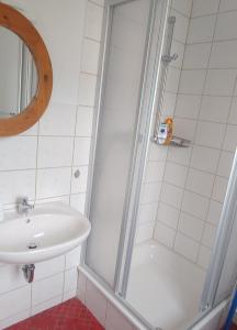 uma casa de banho com um lavatório e um chuveiro em Große Wohnung im Odenwald 1 em Schönau
