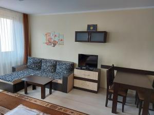 a living room with a couch and a tv and a table at Studio in Borovets Gardens Complex in Borovets