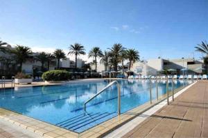 una gran piscina con palmeras en el fondo en Perfect flat for your holiday at South Tenerife, en Arona