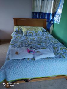 1 dormitorio con 1 cama con toallas en Cabaña Los Hayuelos, en Paipa