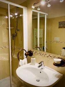 a bathroom with a sink and a shower and a mirror at Agriturismo Cascina Mariale in Albiano dʼIvrea
