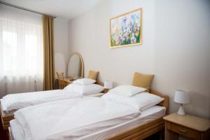 two beds in a room with a picture on the wall at Hozam Wellness és Apartman in Szolnok