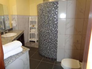 a bathroom with a shower and a toilet and a sink at The Clarice House in Kisumu
