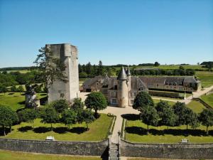 - une vue aérienne sur un château avec une tour dans l'établissement Château de Mazières, à Tendu
