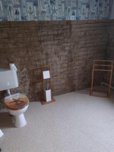 a bathroom with a toilet in a room with a brick wall at Ferienhaus-am-Tor-zur-Insel-Usedom in Murchin