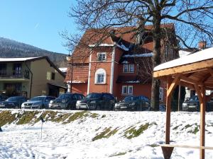 a house with cars parked in a snow covered yard at Apartamenty Krótka 3 in Świeradów-Zdrój