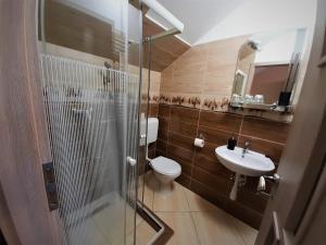 La salle de bains est pourvue d'une douche, de toilettes et d'un lavabo. dans l'établissement Bársony Vendéglő és Panzió, à Szécsény