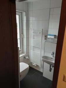 ein weißes Bad mit einem WC und einem Waschbecken in der Unterkunft Goldener Anker in Genthin
