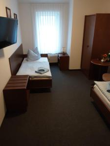 ein Hotelzimmer mit einem Bett und einem TV in der Unterkunft Goldener Anker in Genthin