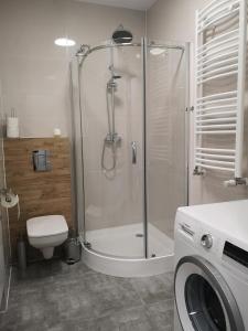 uma casa de banho com um chuveiro, um WC e uma máquina de lavar roupa em Apartament Marcella em Gorzów Wielkopolski