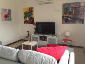 a living room with a couch and a flat screen tv at Clarevale Cottage B&B in Clare