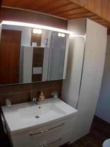 een badkamer met een witte wastafel en een spiegel bij Ferienhaus-Haidweg-Wohnung-5 in Haidmühle