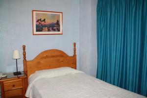 a bedroom with a bed and a blue curtain at Hotel la Masia in Portbou