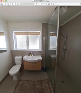 La salle de bains est pourvue de toilettes, d'un lavabo et d'une douche. dans l'établissement Paihia Star Motel, à Paihia