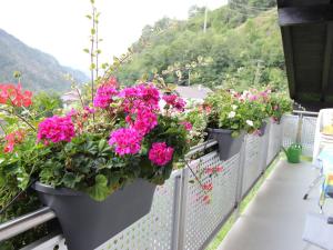 een balkon met bloemen op een leuning bij holiday home in M rel near the Aletsch ski area in Mörel