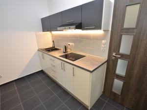 a kitchen with white cabinets and a sink and a door at Quaint Holiday Home in elezn Ruda near Ski Area in Železná Ruda