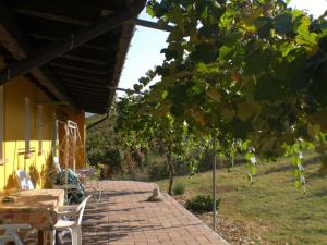 eine Terrasse mit einem Tisch, Stühlen und einem Baum in der Unterkunft Belvilla by OYO Casa Reale Due in Valdamonte