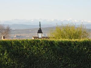 una lámpara en la parte superior de un seto con montañas en el fondo en Luxury villa with pool in Malvi s, en Malviès