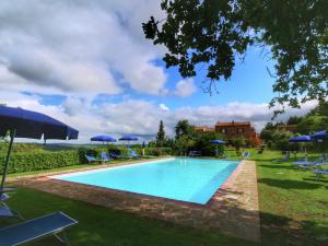 a large swimming pool with chairs and umbrellas at Belvilla by OYO Casa Tiglio in San Quirico dʼOrcia