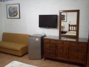 ein Wohnzimmer mit einem TV, einem Sofa und einem Spiegel in der Unterkunft CasaGrande Posada Ejecutiva in Cuernavaca