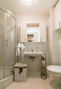 a bathroom with a sink and a shower and a toilet at Apartment Meri Jarun - near lake in Zagreb