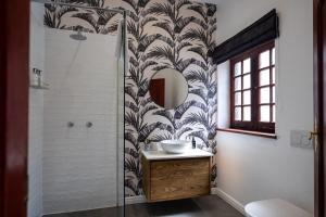 a bathroom with a shower with a sink and a mirror at Stellenhof Guest House in Addo