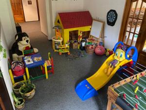 una sala de juegos para niños con una casa de juguetes y un tobogán en Penzion Akron, en Tanvald