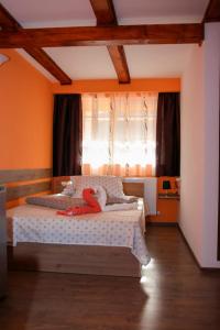 a bedroom with a bed with a person laying on it at Pensiunea Lala in Băile Tuşnad