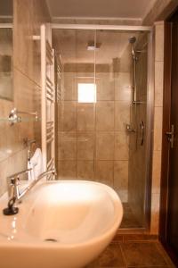 a bathroom with a sink and a shower at Pensiunea Lala in Băile Tuşnad