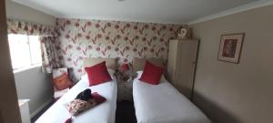 a bedroom with two beds with red pillows at The Old School and Betty's B&B in Holmrook