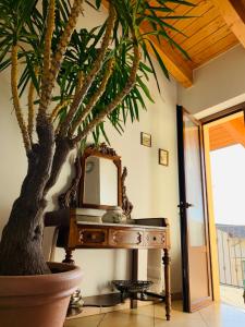 um espelho sentado em cima de uma mesa ao lado de uma árvore em Agriturismo Cascina Mariale em Albiano dʼIvrea