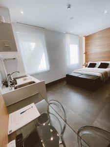 um quarto com uma cama e uma secretária com uma secretária. em Salamanca Suites Libertad em Salamanca