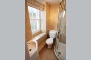 a bathroom with a toilet and a glass shower at End Cottage, Chapel Stile in Chapel Stile