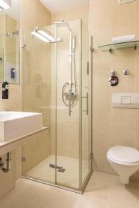 a bathroom with a shower with a toilet and a sink at Hotel König Ludwig II in Garching bei München