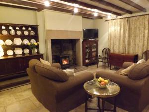 a living room with two couches and a fireplace at Hillis Close Farm Cottage in Haltwhistle