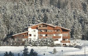 ein großes Holzgebäude im Schnee mit Bäumen in der Unterkunft Hotel Ciasa Ai Pini in St. Kassian