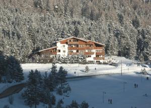 een skihut midden in een met sneeuw bedekte berg bij Hotel Ciasa Ai Pini in San Cassiano