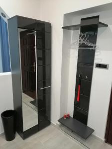 a bathroom with a mirror and a black cabinet at Data Central Studio in Novi Sad