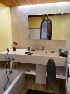 La salle de bains est pourvue d'un lavabo, d'un miroir et d'une baignoire. dans l'établissement les 3 marmottes - Les Arolles, à Bourg-Saint-Maurice