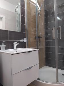 a bathroom with a shower with a sink and a glass shower stall at Apartament Elvira, Grunwaldzka 12C in Pobierowo +56 photos
