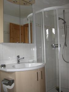 een badkamer met een wastafel en een douche bij Casa Zupada/Wegmüller in Lenzerheide