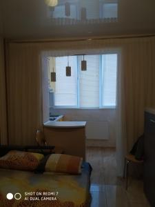 ein Schlafzimmer mit einem Fenster, einem Bett und einem Waschbecken in der Unterkunft Солнечная in Kharkov