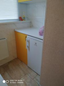 eine kleine Küche mit einem weißen Kühlschrank und einer Theke in der Unterkunft Солнечная in Kharkov