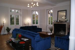 un soggiorno con mobili blu e camino di Gite la chaumière Le chateau de la Brosse a Brinay
