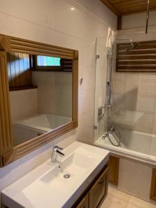 un bagno con lavandino, doccia e specchio di House in Pirin Golf Bansko a Razlog Altre 24 foto